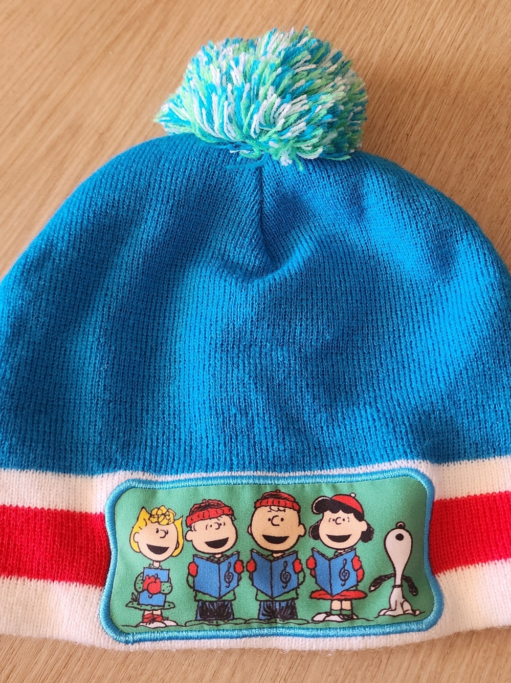 Peanuts Blue Knit Pom-Pom Beanie with Cartoon Patch